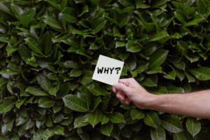 A person holds a paper with 'Why?' , why we're here, questioning, seeking ideas